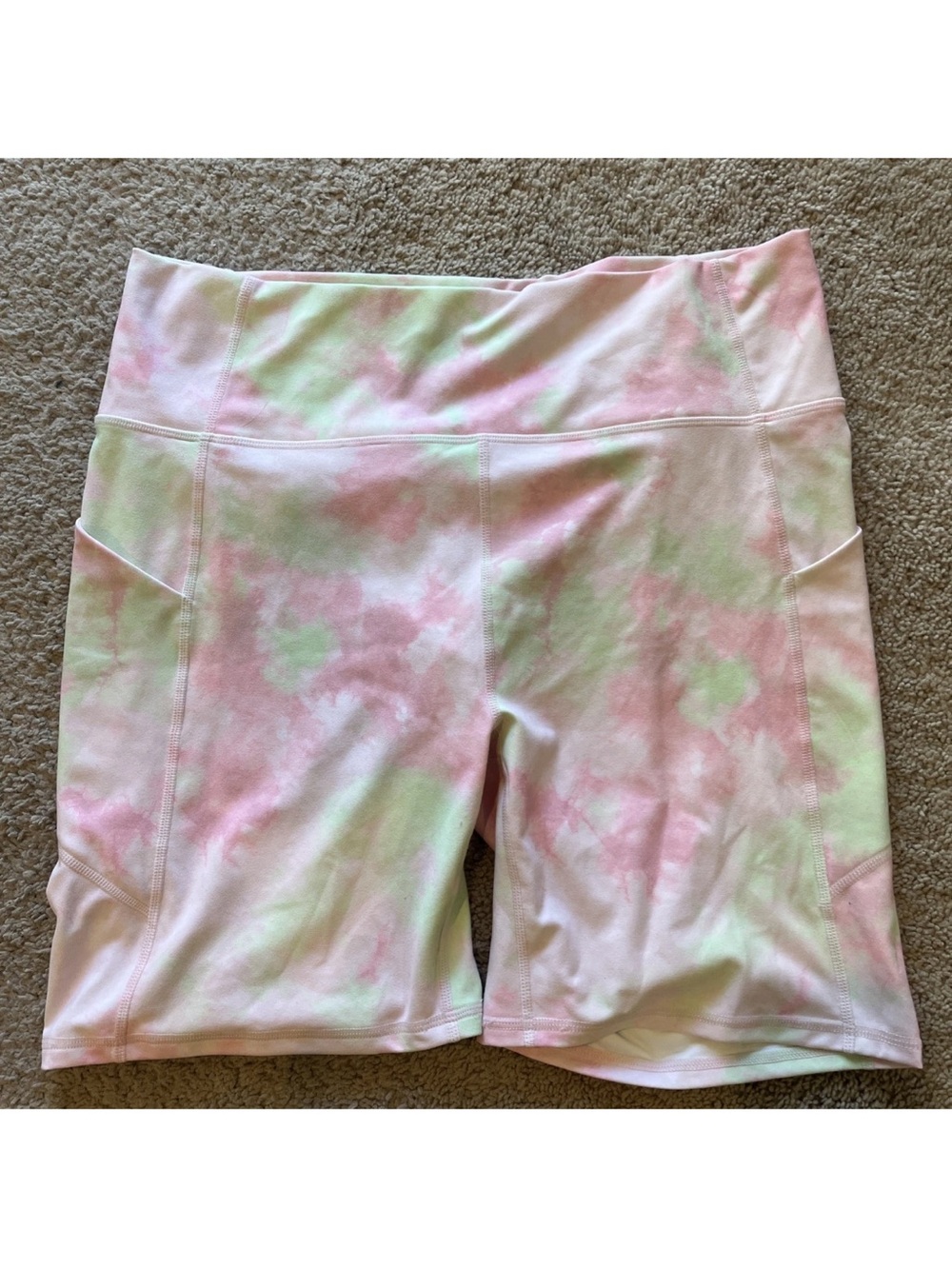 Women’s FABLETICS High-Rise Tie-Dye Bike Shorts - Pink & Green - Picture 1 of 4